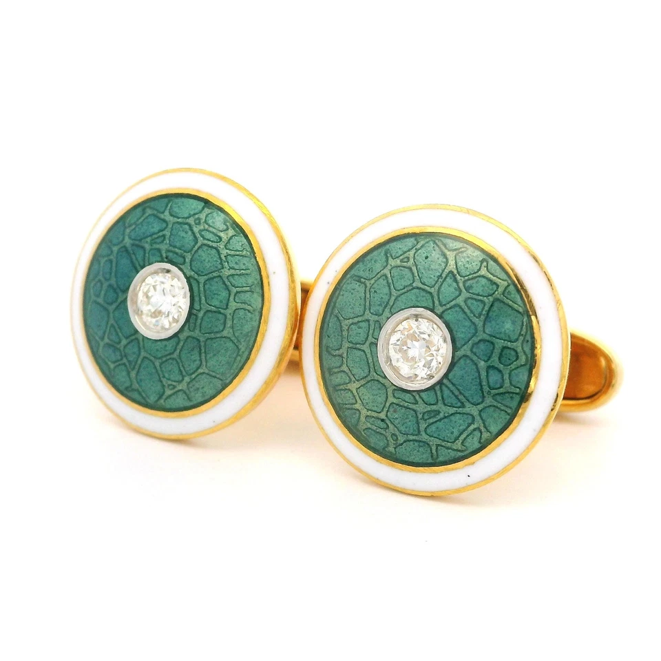 Gemelos Guilloche Diamante Oro Amarillo 18k Esmalte Blanco y Azul Verdoso De Colección Foto 3 de 4
