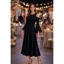 NEW Eliza J Cold Shoulder Fit Flare Midi Dress Womens Medium Bell Sleeve Black