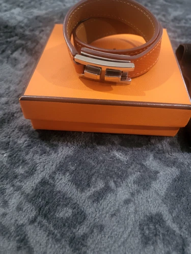 HERMÈS Hermes Drag Bracciale Doppio Tour Braccialetto Pelle Arancione Tono Argento...