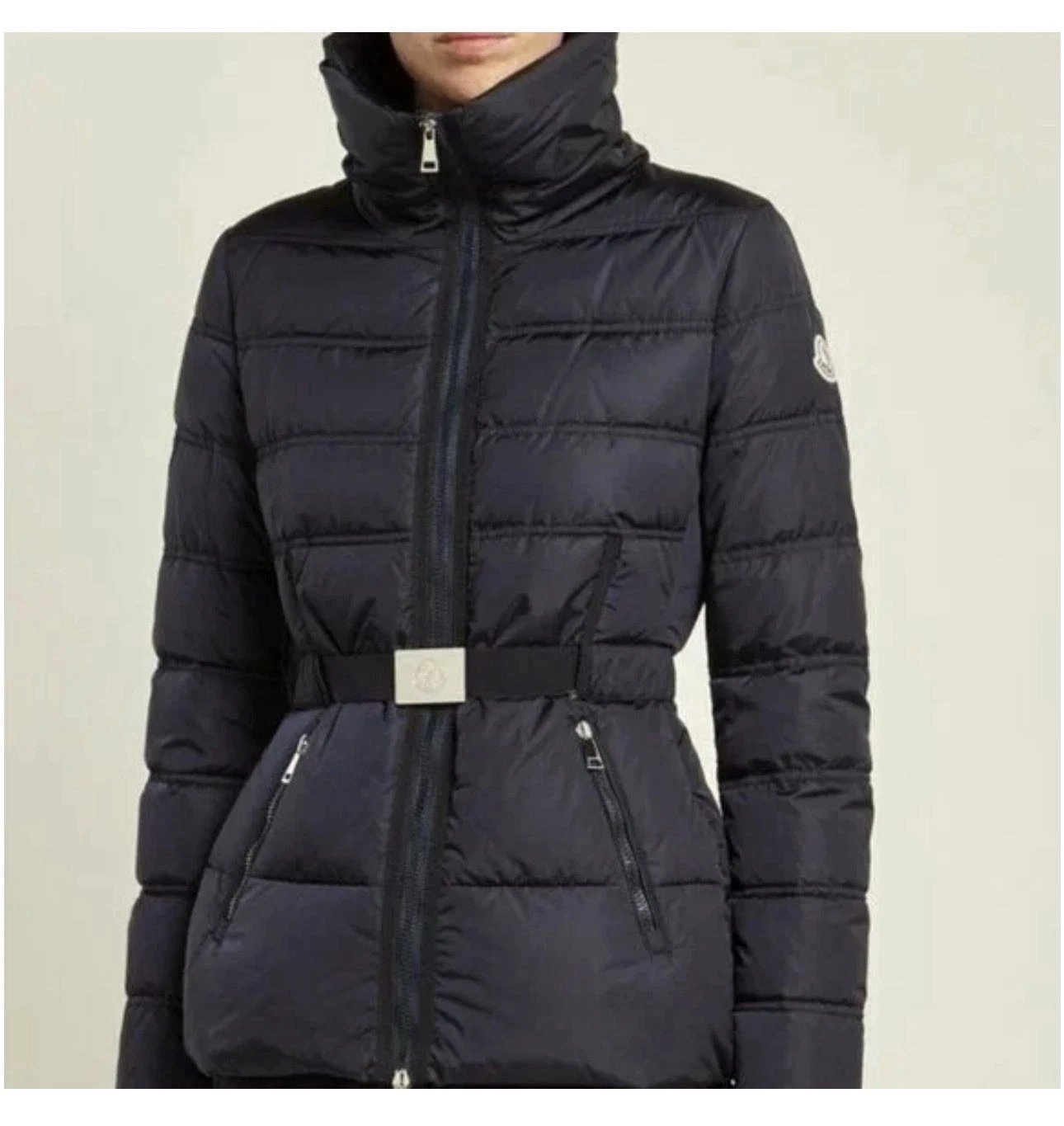 Moncler — Authentic Women's Moncler Alouette High-Collar Belted Down Jacket - Size 3