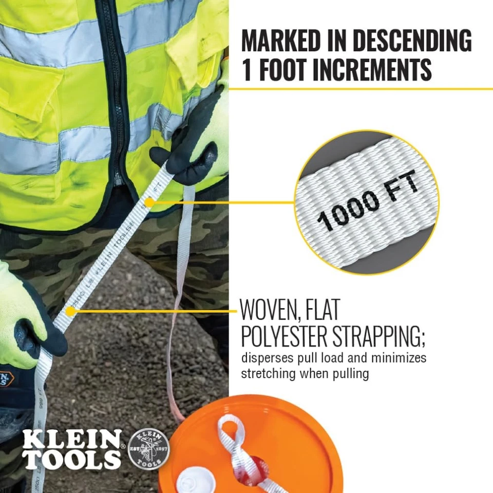 Klein Tools 1800 Pound 1300 Foot White Pull Tape Durable Easy Read Markings - Image 3 of 4