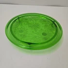 Jeanette Uranium Glass Sunflower Cake Plate Green Depression Stand Daisy Footed