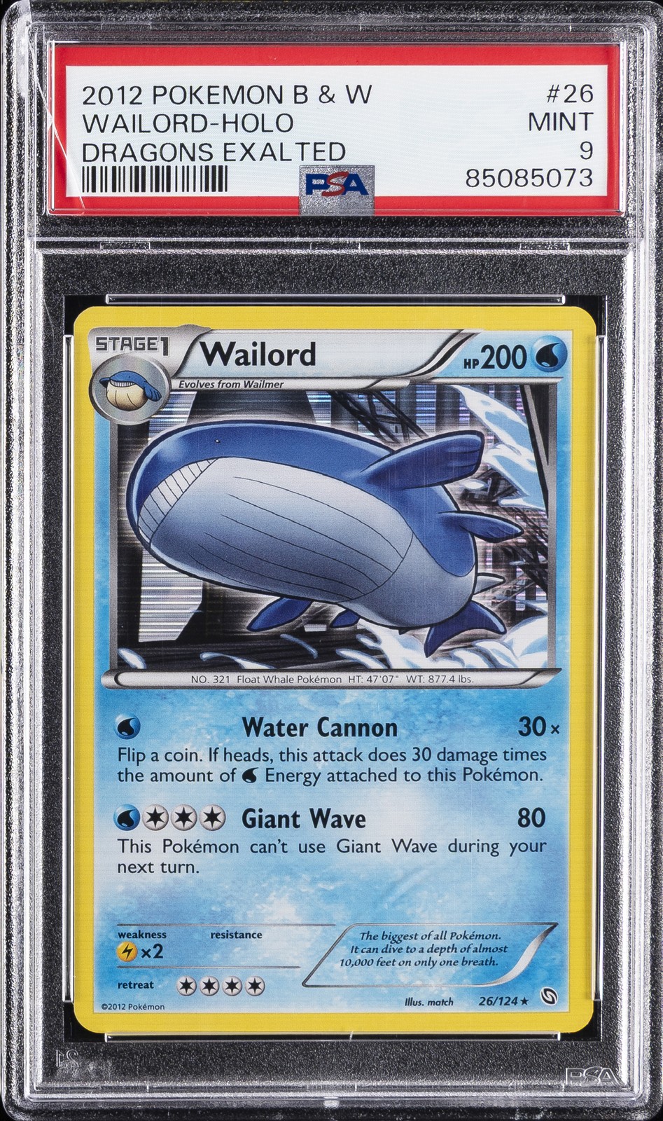 2012 POKEMON BLACK & WHITE DRAGONS EXALTED #26 WAILORD-HOLO PSA 9
