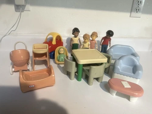 Vtg Little People Dollhouse Furniture Lot W/ 5 Figures Car Tables Chairs Baby