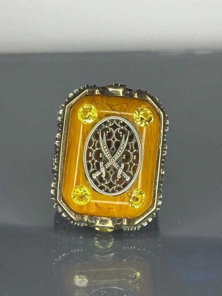 925 Sterling Silver Jewelry Amber Stone Ring: Turkish Handmade Ottoman Design - Image 3 of 4