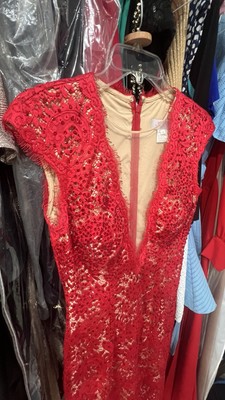 Jovani Red Stretch Lace Appliqué Crystal Illusion Gown Dress Size 4 Prom Pageant