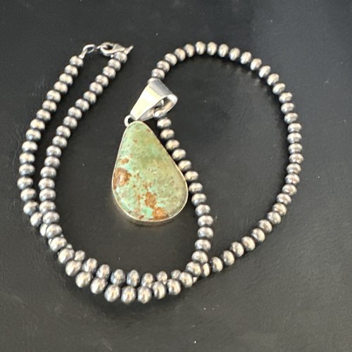 Green Turquoise Pendant Sterling Silver Navajo 20" Necklace 15020 - Picture 12 of 13