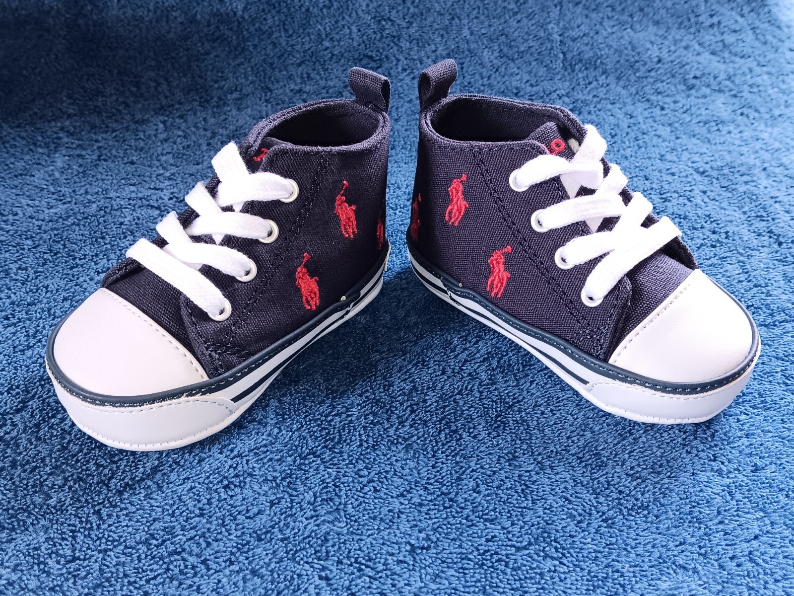 PONY Polo Ralph Lauren BABY NUOVA CON SCATOLA LOGO basket sneakers alte blu rosso taglia 2
