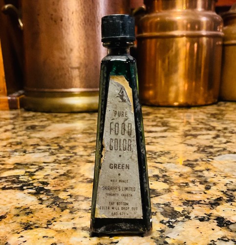 Vintage Shirriff's Green Food Color Dye Small Unusual Triangular Bottle 3.5”
