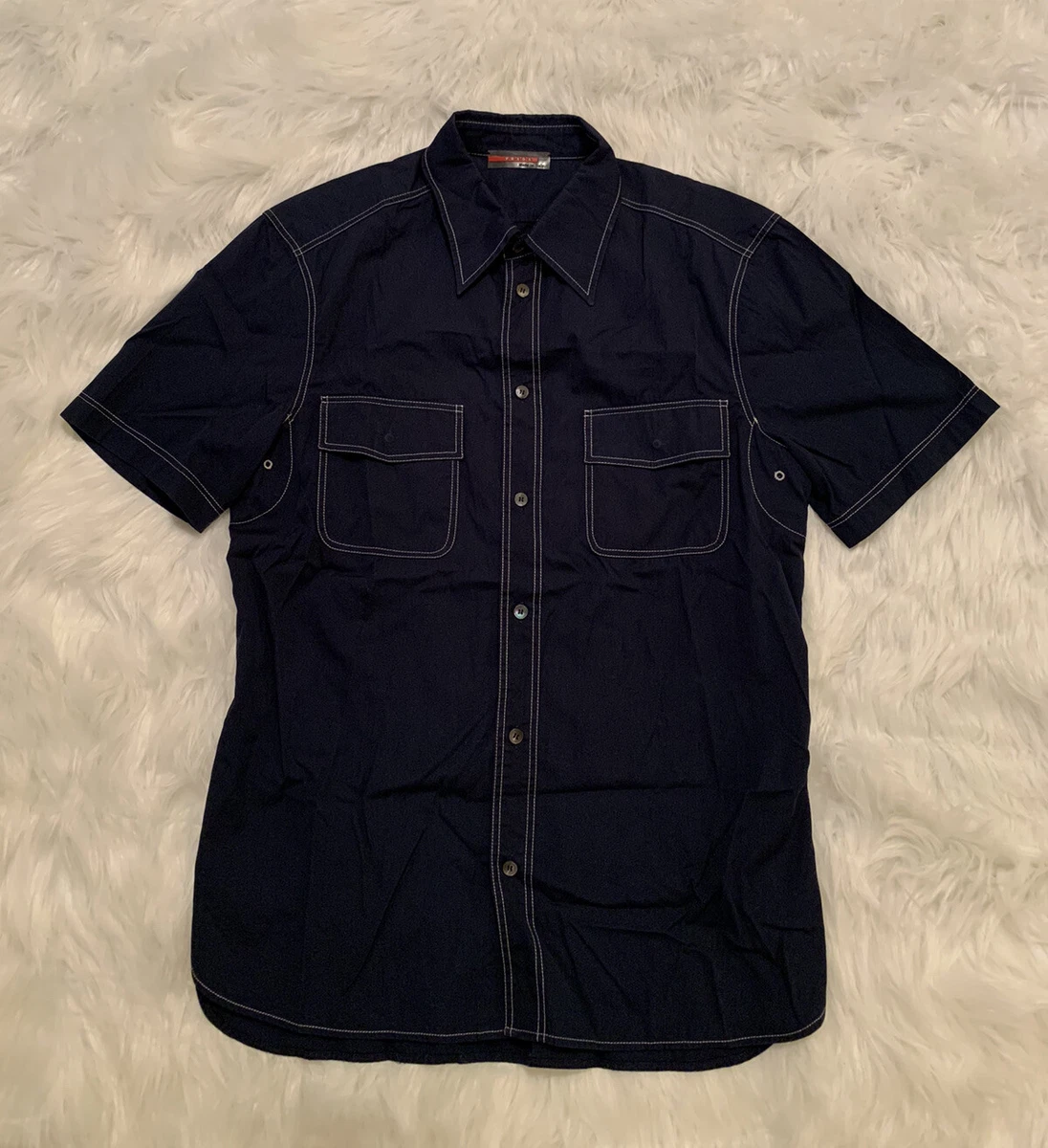 Prada Sport Contrast Stitching Trim Button Up Shirt Navy Blue Vintage  Runway S