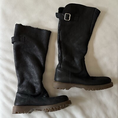 PANTOFOLA D´ORO Black Soft Leather Shearling Lined Knee High Boots Sz 38.5 US 8