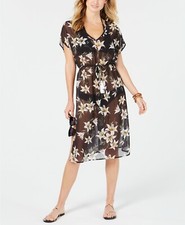  44.00 Miken Juniors' Large Black Printed Sheer Swimsuit Cover Up L NWT