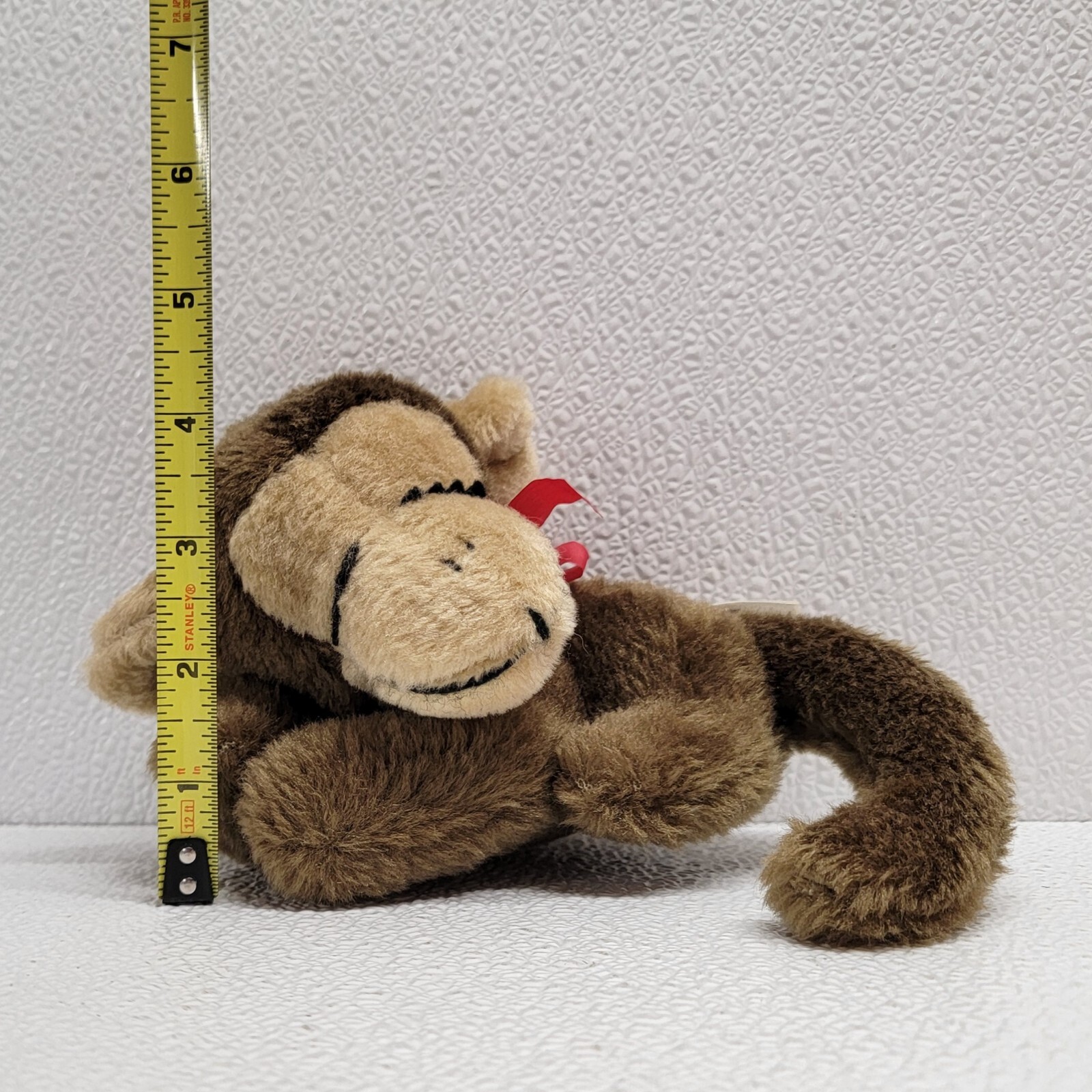 Vintage 1977 Russ Sidney Sleeping Brown Monkey Plush Red Ribbon 6"