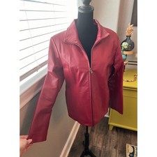 Marc Mattis Ladies Red Leather Zip Up Jacket, Lined W/ Pockets. Size M