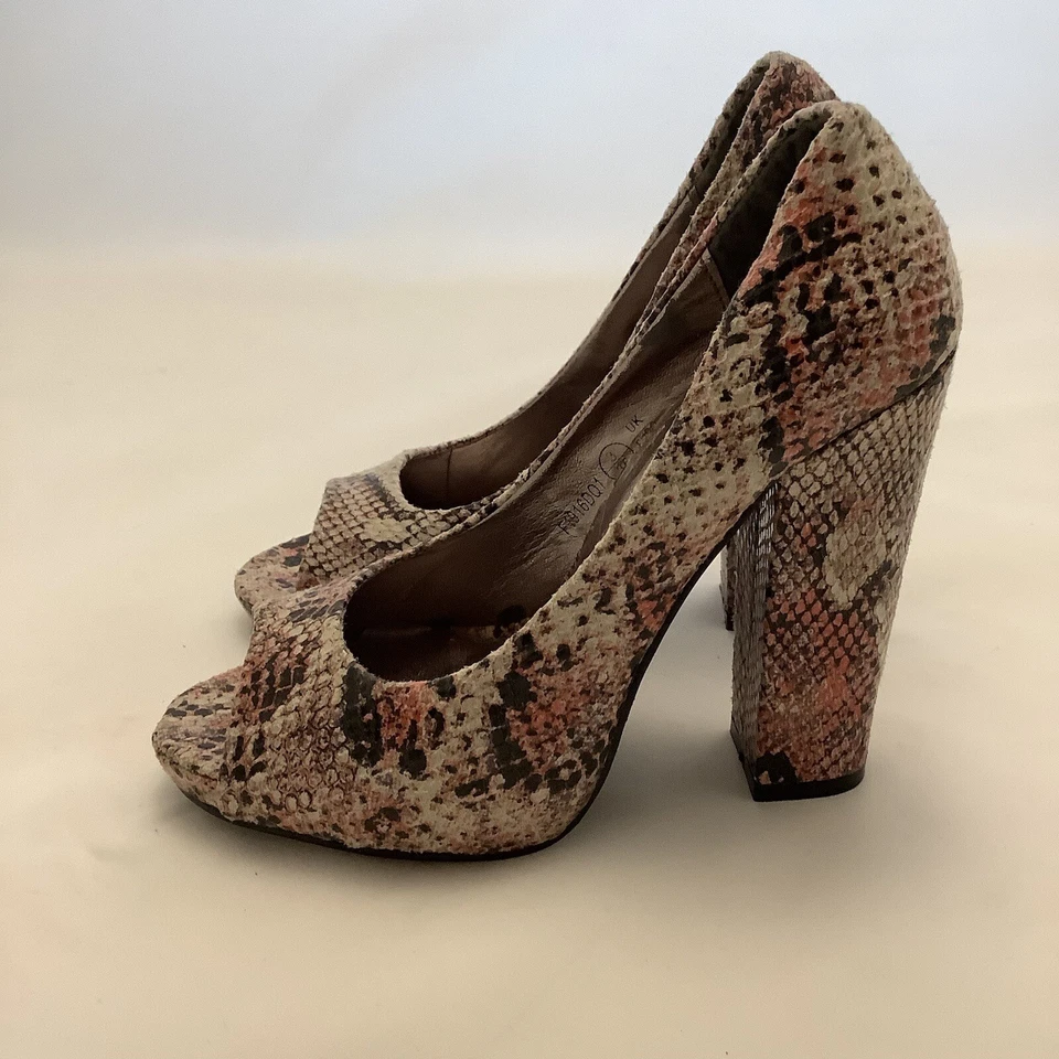 Пятно на коралловый серый змеиная кожа эффект коренастый Peeptoe каблуки - размер 3/36 - новый - Изображение 3 из 4