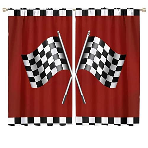 Race Car Flag Curtains,Black White Checked Crossed Racing Plaid Flag