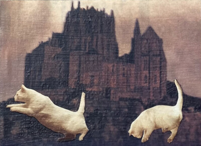 ACEO Original/OOAK Vintage Color magazine collage/Matte finish ''Castle Cats''
