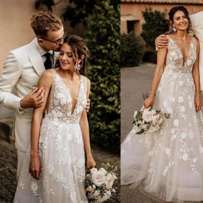 Brautkleid Hochzeitskleid V-Ausschnitt Spitze Aufkleber Weiß Ivory 38 40 42 44 - Bild 1 von 4