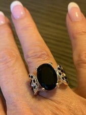 Sterling Silver Large Simulated Black Sapphire Ring with White Topaz Accents