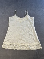 Y2K Babydoll Coquette Fairy Romantic Lace Trim Cami Layering Tank Ivory Crinkle