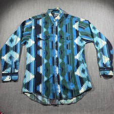Wrangler Shirt Mens Large Blue Aztec Western Cowboy Cut Long Sleeve Made in USA