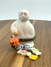 Porcelain Hinged Trinket Box Halloween Ghost Trick Or Treating With Candy