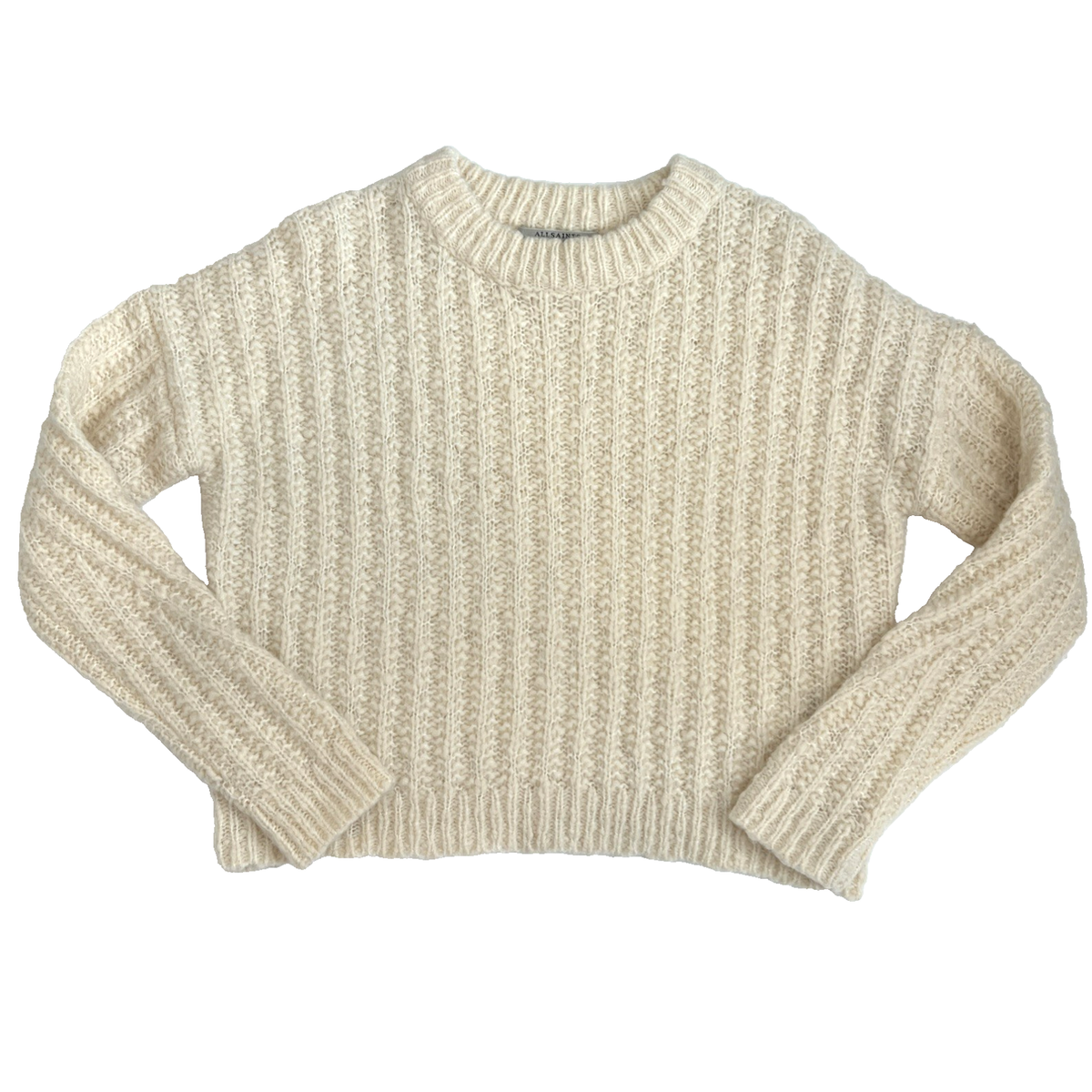 AllSaints Sweater Womens XS Ivory Popcorn Crew Neck Jumper Cropped