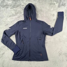 Mammut Aconcagua Jacket Womens Small Blue Hooded Full Zip Fleece Midlayer Logo