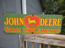 VINTAGE "JOHN DEERE FARM IMPLEMENTS" 36" X 12" PORCELAIN METAL TRACTOR 🚜 SIGN!
