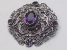 vintage antique ornate filigree brooch  Asian winged dragon Amethyst detail pin