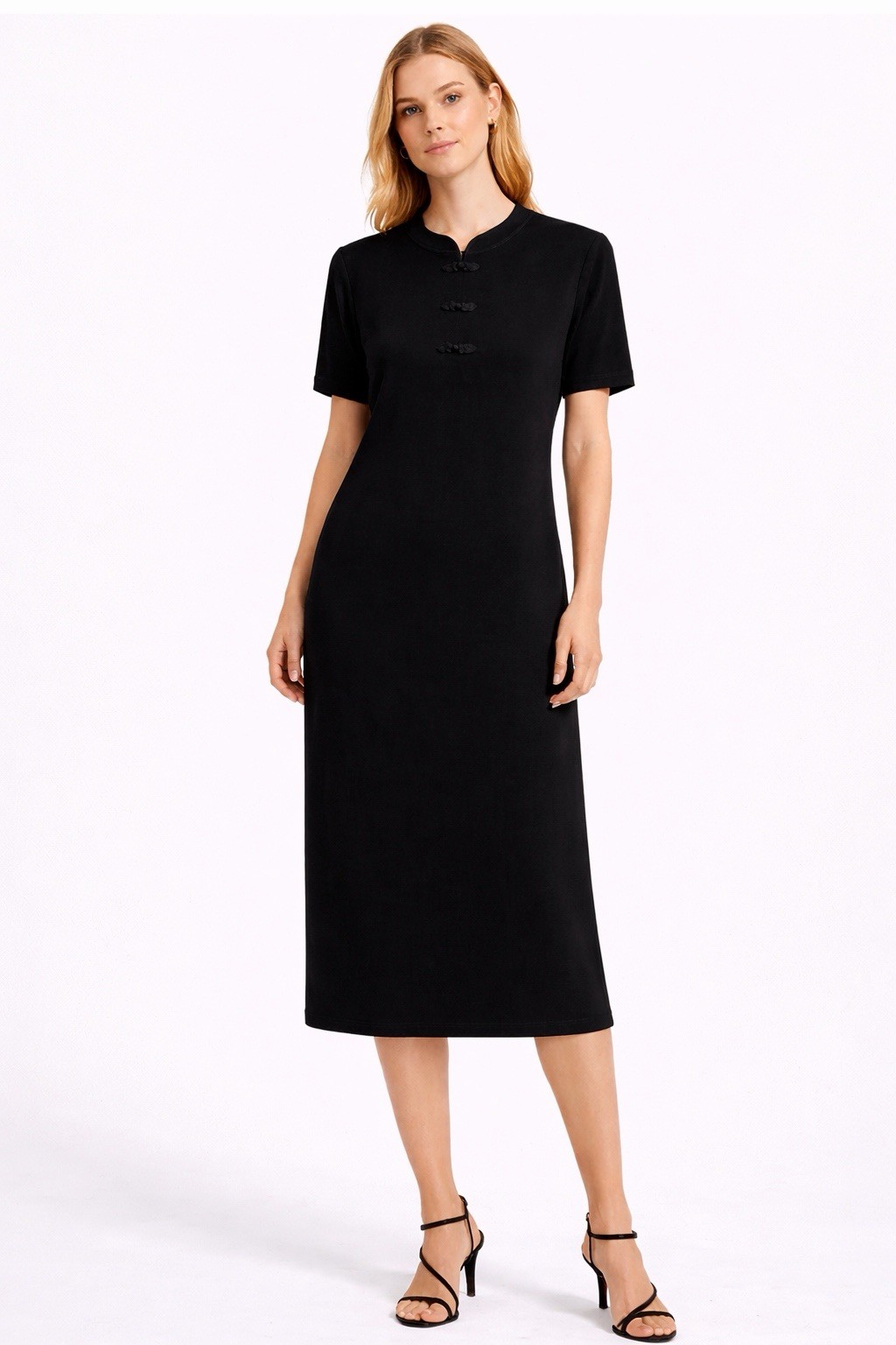 EXCLUSIVELY MISOOK Black Asian Mandarin Collar Knot Button Knit Dress M = 10/12