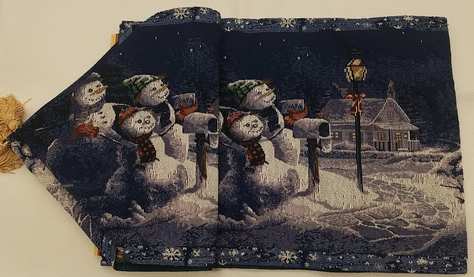 Navidad Invierno País de las Maravillas Muñeco de Nieve Muñecos de Nieve Corredor de Mesa Azul Marino 13x70 Borlas Foto 3 de 4