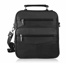 Black Leather Men's Messenger Briefcase Organizer Cross Body Bag Shoulder Strap