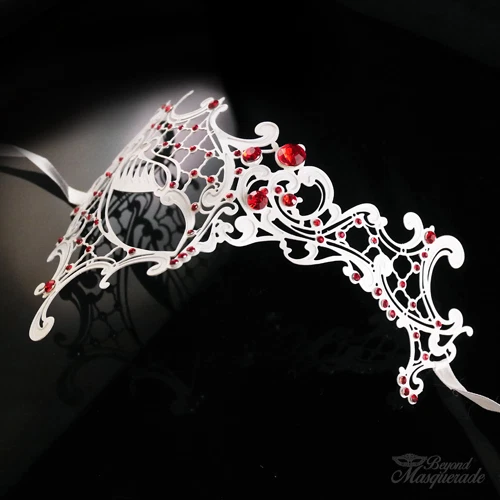 Woman Mask White Metal Phantom Venetian Ball Masquerade Mask Red Rihnestones - Image 4 of 4