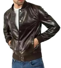Giubbotto bomber uomo marrone vera pelle di agnello casual con bottoni biker ...