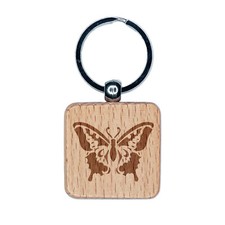 Elegant Swallowtail Butterfly Engraved Wood Square Keychain Tag Charm