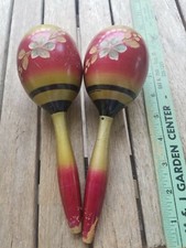 Vintage Pair of Carved and Painted Mexican Maracas 7 3/4"