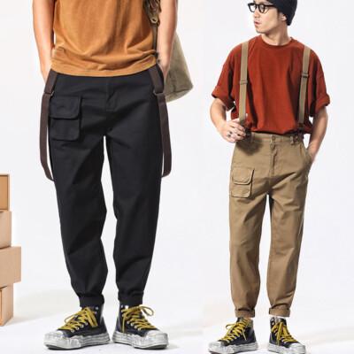 Retro Mens Suspender Trousers Pockets Korean Bib Pants Casual Long Pants Autumn