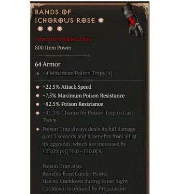 Diablo 4 Eternal Band Of Ichorous Rose 4GA 125% Unique Gloves Rogue Gear Item