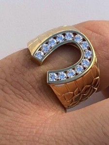 Authentic Men's Real 14k Gold Plated Real Solid 925 Silver Lucky Horseshoe Ring CZ 7-12