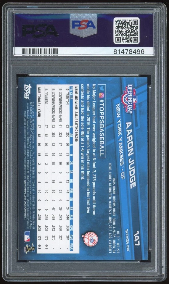 2017 Topps Opening Day #147 Aaron Judge Fielding RC PSA 10 *8496 - Image 2 of 2