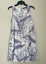 Tahari 100% Linen Dress Sleeveless Women Small White Blue Palm Print Pockets NWT