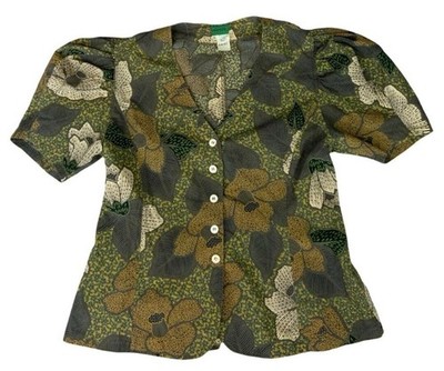 VINTAGE KENZO PARIS GRÜNE BLUSE MIT BLUMENDRUCK UND PUFFÄRMELN UND V-AUSSCHNITT ZUM KNÖPFEN GRÖSSE M