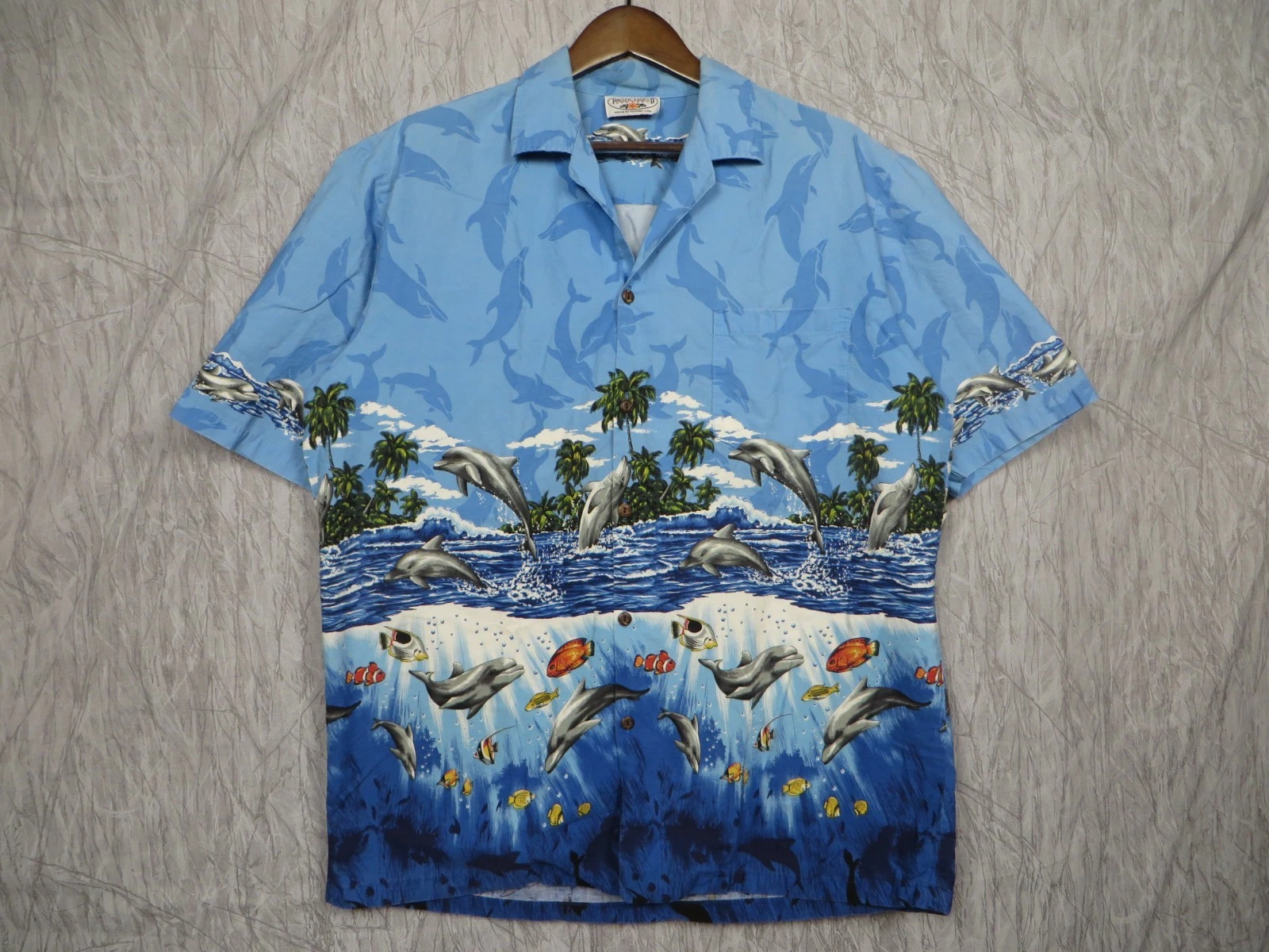 Pacific Legend Hawaiian Shirt Dolphins Fish Ocean Blue Mens Large USA