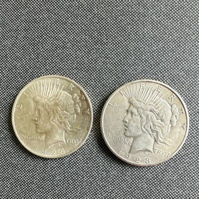 1923+1924 Peace Dollar $1 Silver Coin Lot of 2 Uncertified Ungraded