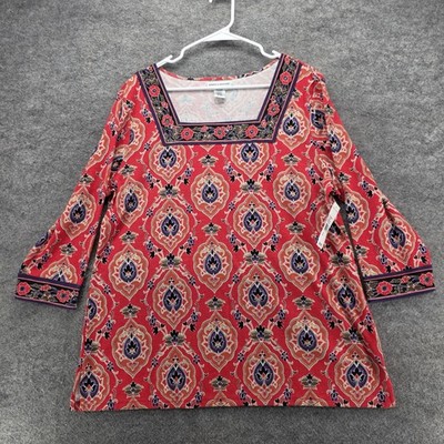 Rebecca Malone Shirt Womens XL Warm Spice Red August 3/4 Sleeve Boho Print New