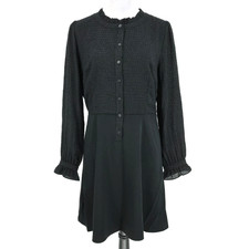 Loft Dress Womens 10 Black Swiss Dot Ruffle Trim Long Sleeve Buttons Preppy New