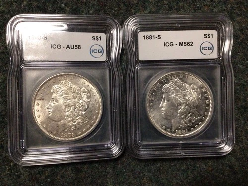 Lot of 2 Morgan Dollars 1878-S ICG AU58 & 1881-S ICG MS62  065