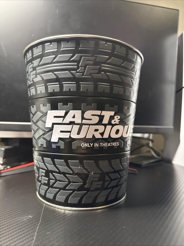 Fast And Furious AMC Promo Popcorn Bucket Tin, Rotating Tire Tracks