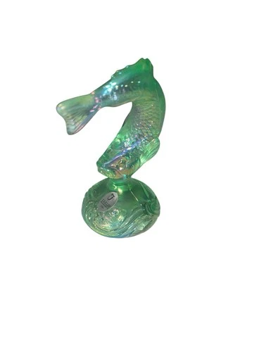 Fenton Green Carnival Iridescent Glass Fish Figurine Leaping Jumping Vintage